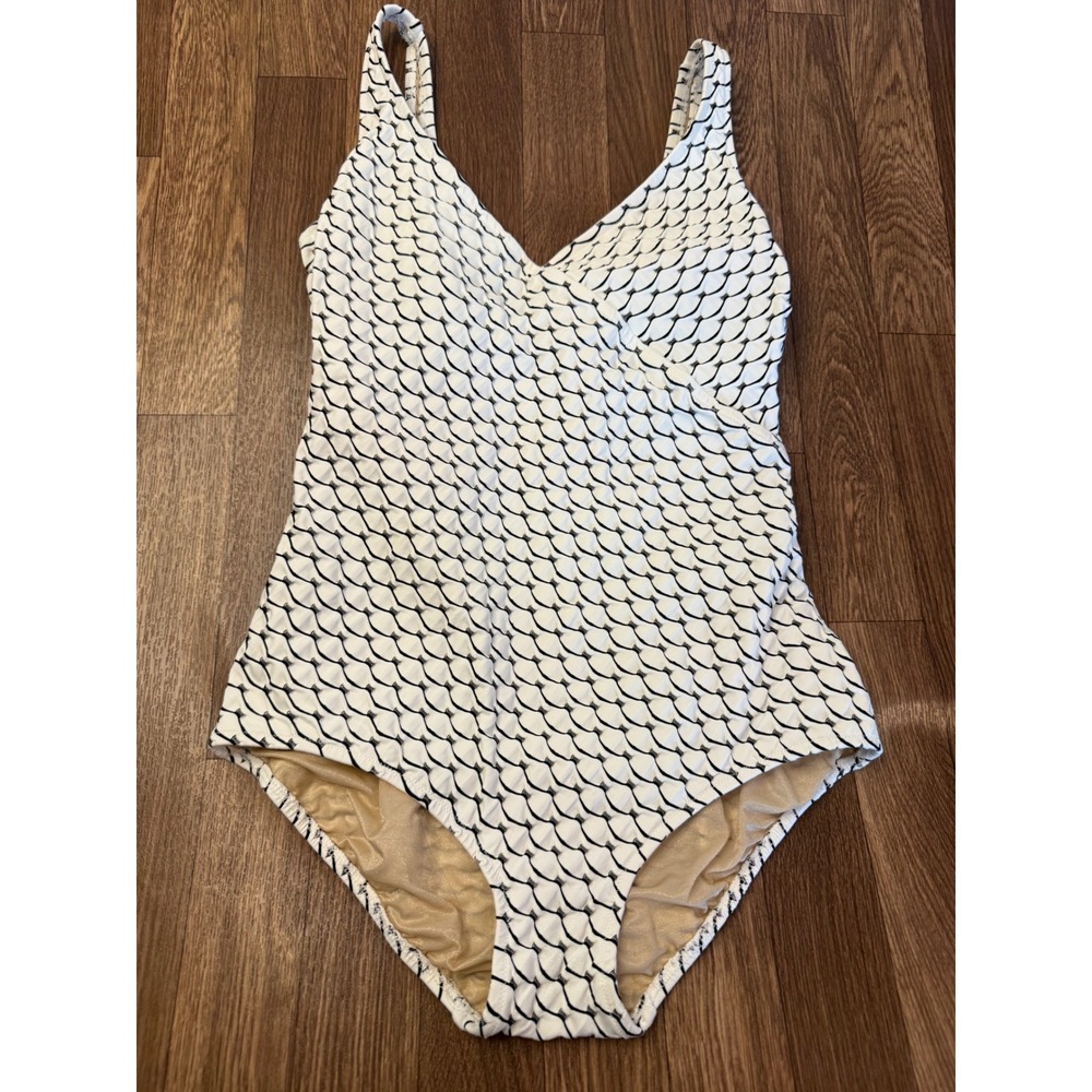 Gottex Vintage One Piece Swimsuit Fish Scale Scallop Print Black White Size 16